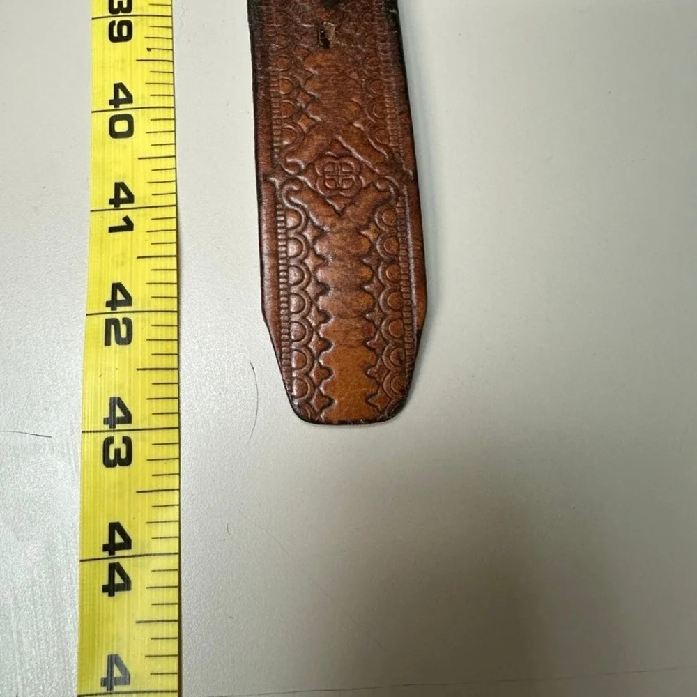 Vintage Brown Tooled Leather Belt Mens 36 Western Basketweave Made in USA 160286